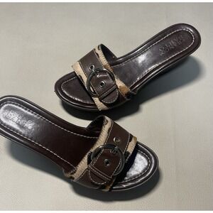 FRANCO SARTO Animal Faux Hair Print Slip On Wedge Sandal 8 1/Brown Buckle 3 Heel